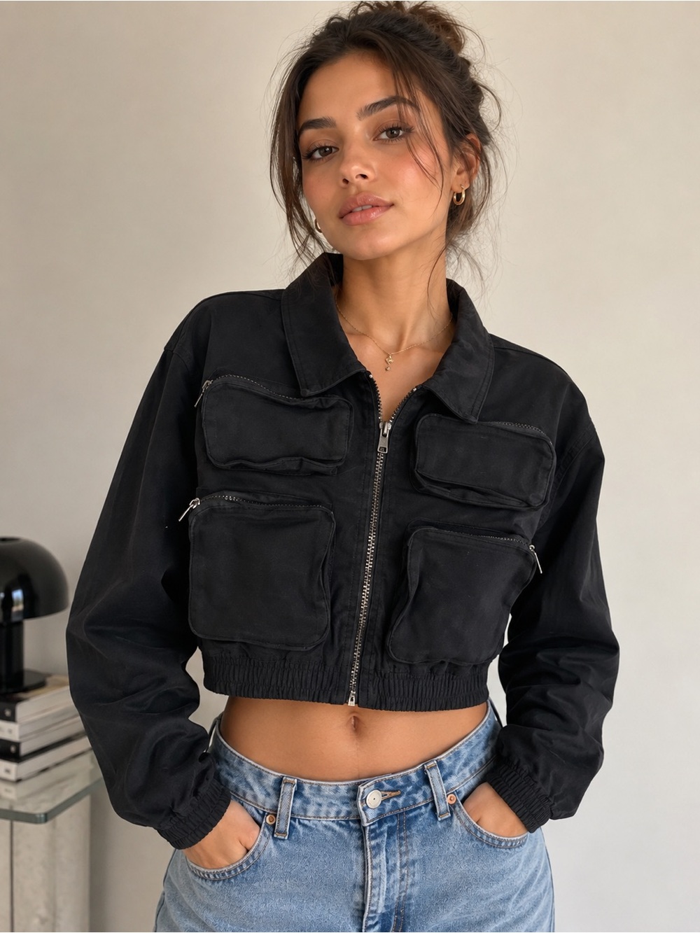American Bazi Black Cropped Utility Jacket with Patch Pockets